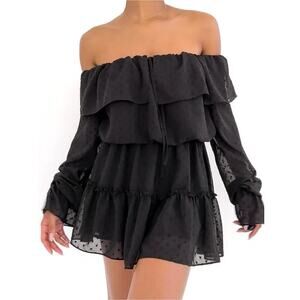 Rumored Black Mini Dress Small Long Sleeve Off Shoulder Tiered Ruffle Senorita